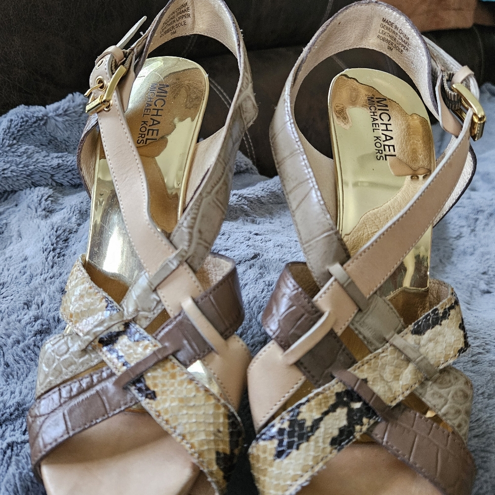 Michael Kors Snake Skin high heel scrappy sandals. EUC. Women's size 9